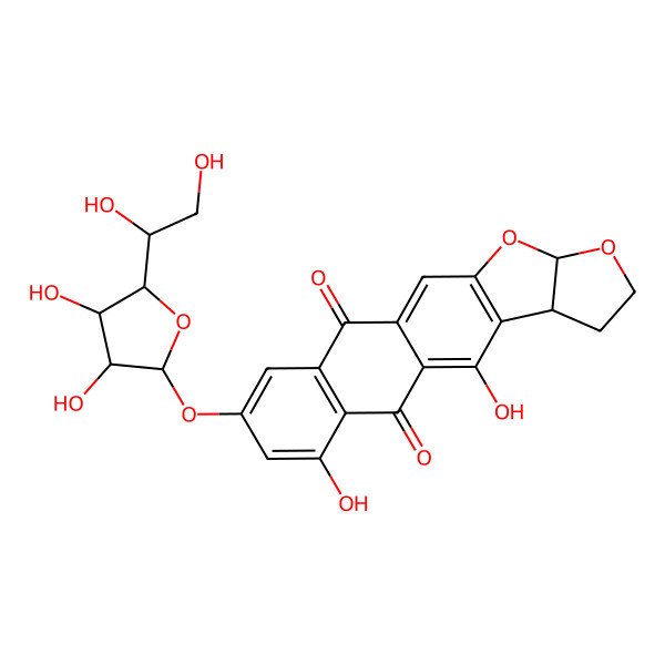 2D Structure of 16-[5-(1,2-Dihydroxyethyl)-3,4-dihydroxyoxolan-2-yl]oxy-2,18-dihydroxy-7,9-dioxapentacyclo[10.8.0.03,10.04,8.014,19]icosa-1,3(10),11,14(19),15,17-hexaene-13,20-dione