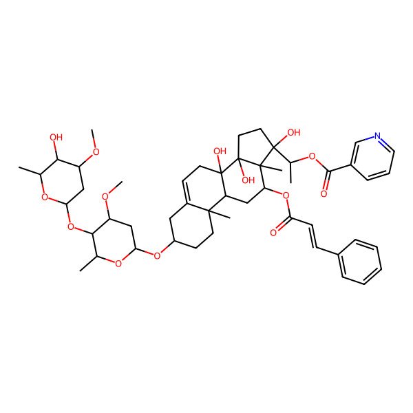 2D Structure of 1-[8,14,17-Trihydroxy-3-[5-(5-hydroxy-4-methoxy-6-methyloxan-2-yl)oxy-4-methoxy-6-methyloxan-2-yl]oxy-10,13-dimethyl-12-(3-phenylprop-2-enoyloxy)-1,2,3,4,7,9,11,12,15,16-decahydrocyclopenta[a]phenanthren-17-yl]ethyl pyridine-3-carboxylate