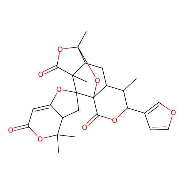 2D Structure of 4-(Furan-3-yl)-4',4',5,9,12-pentamethylspiro[3,10,14-trioxatetracyclo[7.4.1.01,6.08,12]tetradecane-13,2'-3,3a-dihydrofuro[3,2-c]pyran]-2,6',11-trione