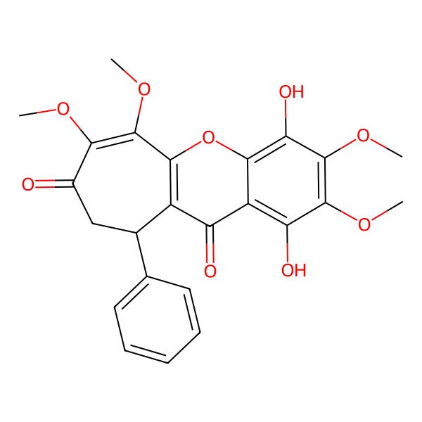 2D Structure of (10R)-1,4-dihydroxy-2,3,6,7-tetramethoxy-10-phenyl-9,10-dihydrocyclohepta[b]chromene-8,11-dione