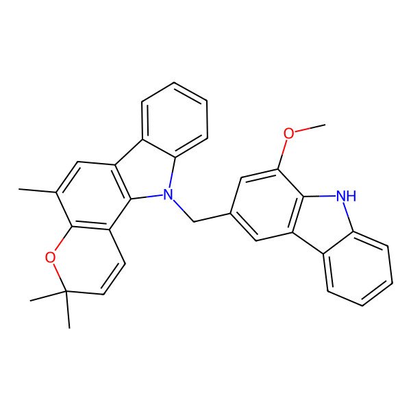 2D Structure of 11-[(1-methoxy-9H-carbazol-3-yl)methyl]-3,3,5-trimethylpyrano[3,2-a]carbazole