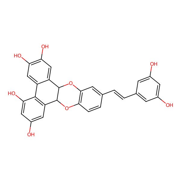 2D Structure of 11-[2-(3,5-Dihydroxyphenyl)ethenyl]-8b,14a-dihydrophenanthro[10,9-b][1,4]benzodioxine-2,4,6,7-tetrol