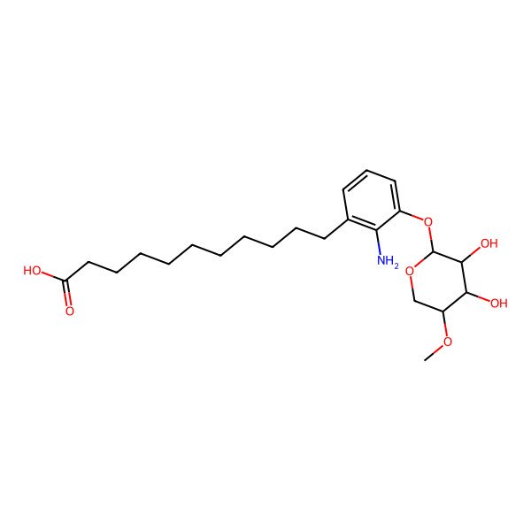 2D Structure of 11'-[2-amino-3-(4"-O-methyl-alpha-ribopyranosyloxy)phenyl]undecanoic acid