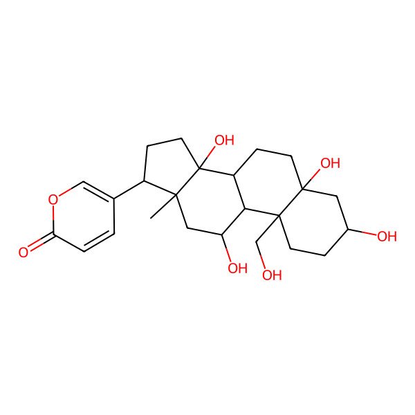 2D Structure of 5-[(3S,5S,8R,9S,10R,11R,13R,14S,17R)-3,5,11,14-tetrahydroxy-10-(hydroxymethyl)-13-methyl-2,3,4,6,7,8,9,11,12,15,16,17-dodecahydro-1H-cyclopenta[a]phenanthren-17-yl]pyran-2-one