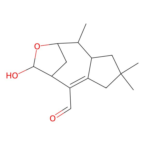 2D Structure of 11-Hydroxy-5,5,8-trimethyl-10-oxatricyclo[7.2.1.03,7]dodec-2-ene-2-carbaldehyde