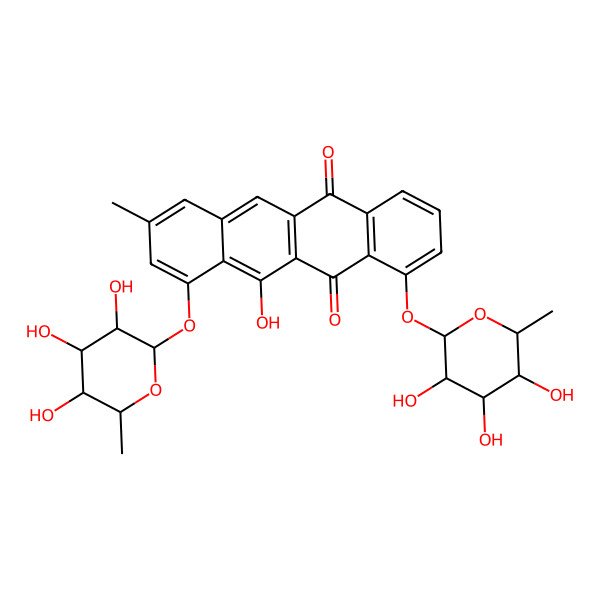 2D Structure of 11-Hydroxy-8-methyl-1,10-bis[(3,4,5-trihydroxy-6-methyloxan-2-yl)oxy]tetracene-5,12-dione