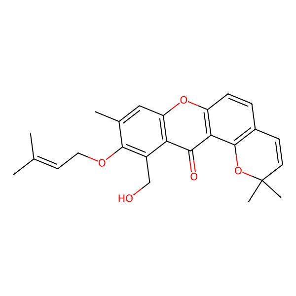 2D Structure of 11-(Hydroxymethyl)-2,2,9-trimethyl-10-(3-methylbut-2-enoxy)pyrano[2,3-a]xanthen-12-one