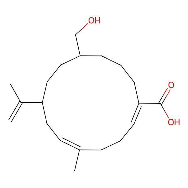 2D Structure of 11-(Hydroxymethyl)-5-methyl-8-prop-1-en-2-ylcyclotetradeca-1,5-diene-1-carboxylic acid 2D Structure of 11-(Hydroxymethyl)-5-methyl-8-prop-1-en-2-ylcyclotetradeca-1,5-diene-1-carboxylic acid