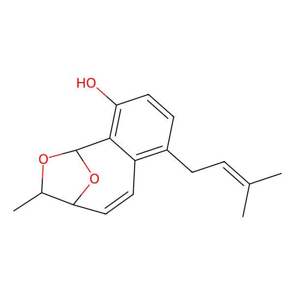 2D Structure of 11-Methyl-6-(3-methylbut-2-enyl)-12,13-dioxatricyclo[8.2.1.02,7]trideca-2,4,6,8-tetraen-3-ol