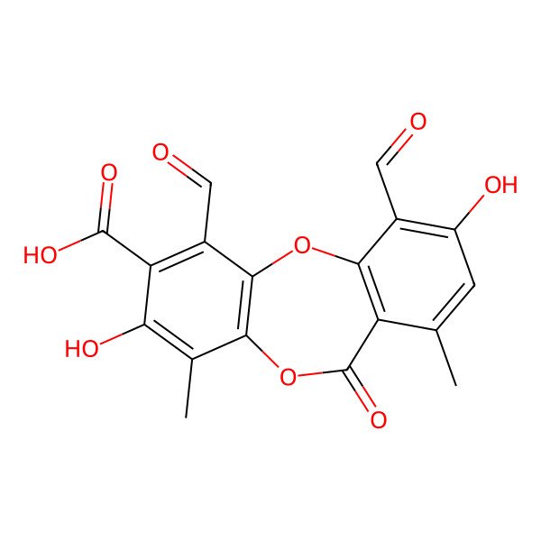 2D Structure of 1,10-Diformyl-3,9-dihydroxy-4,7-dimethyl-6-oxobenzo[b][1,4]benzodioxepine-2-carboxylic acid