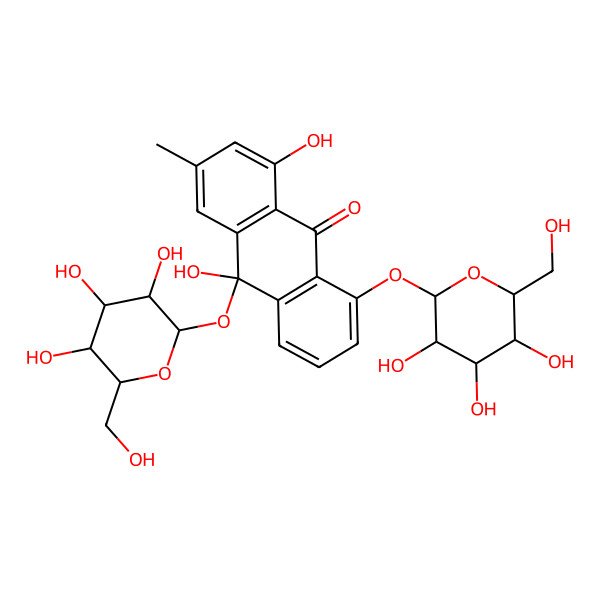 2D Structure of 1,10-Dihydroxy-3-methyl-8,10-bis[[3,4,5-trihydroxy-6-(hydroxymethyl)oxan-2-yl]oxy]anthracen-9-one