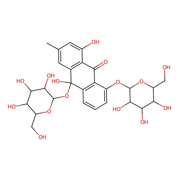 2D Structure of 1,10-Dihydroxy-3-methyl-8,10-bis[[3,4,5-trihydroxy-6-(hydroxymethyl)oxan-2-yl]oxy]anthracen-9-one