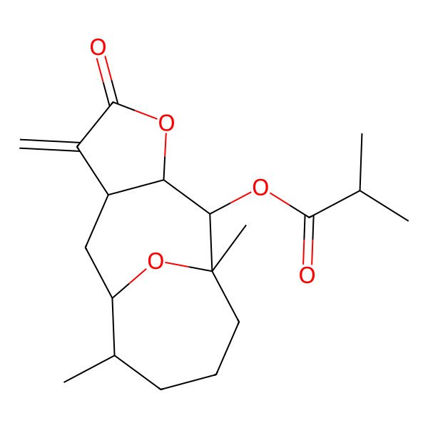 2D Structure of (1,10-Dimethyl-6-methylidene-5-oxo-4,14-dioxatricyclo[7.4.1.03,7]tetradecan-2-yl) 2-methylpropanoate