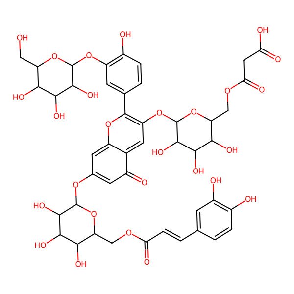 2D Structure of 3-[[(2S,3S,4S,5R,6S)-6-[7-[(2S,3S,4S,5S,6R)-6-[3-(3,4-dihydroxyphenyl)prop-2-enoyloxymethyl]-3,4,5-trihydroxyoxan-2-yl]oxy-2-[4-hydroxy-3-[(2S,3S,4S,5S,6S)-3,4,5-trihydroxy-6-(hydroxymethyl)oxan-2-yl]oxyphenyl]-5-oxochromen-3-yl]oxy-3,4,5-trihydroxyoxan-2-yl]methoxy]-3-oxopropanoic acid