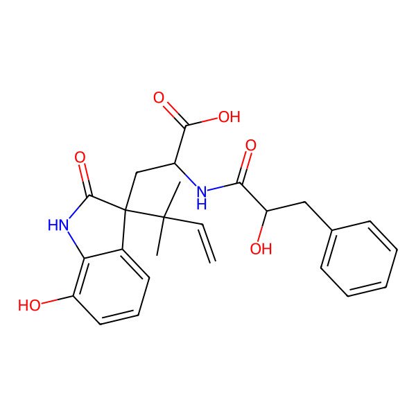 2D Structure of 3-[7-hydroxy-3-(2-methylbut-3-en-2-yl)-2-oxo-1H-indol-3-yl]-2-[(2-hydroxy-3-phenylpropanoyl)amino]propanoic acid