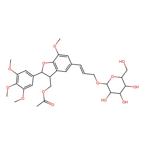 2D Structure of [7-Methoxy-5-[3-[3,4,5-trihydroxy-6-(hydroxymethyl)oxan-2-yl]oxyprop-1-enyl]-2-(3,4,5-trimethoxyphenyl)-2,3-dihydro-1-benzofuran-3-yl]methyl acetate