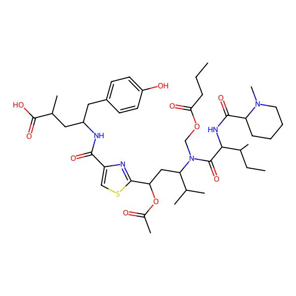 2D Structure of 4-[[2-[1-Acetyloxy-3-[butanoyloxymethyl-[3-methyl-2-[(1-methylpiperidine-2-carbonyl)amino]pentanoyl]amino]-4-methylpentyl]-1,3-thiazole-4-carbonyl]amino]-5-(4-hydroxyphenyl)-2-methylpentanoic acid