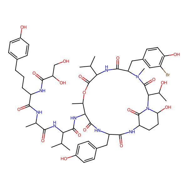2D Structure of N-[1-[[1-[[5-[(3-bromo-4-hydroxyphenyl)methyl]-21-hydroxy-2-(1-hydroxyethyl)-15-[(4-hydroxyphenyl)methyl]-4,11-dimethyl-3,6,9,13,16,22-hexaoxo-8-propan-2-yl-10-oxa-1,4,7,14,17-pentazabicyclo[16.3.1]docosan-12-yl]amino]-3-methyl-1-oxobutan-2-yl]amino]-1-oxopropan-2-yl]-2-(2,3-dihydroxypropanoylamino)-5-(4-hydroxyphenyl)pentanamide