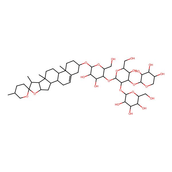 2D Structure of (2S,3R,4S,5S,6R)-2-[(2S,3R,4S,5R,6R)-2-[(2R,3R,4R,5R,6R)-4,5-dihydroxy-2-(hydroxymethyl)-6-[(1S,2S,4S,5'S,6R,7S,8R,9S,12S,13R,16S)-5',7,9,13-tetramethylspiro[5-oxapentacyclo[10.8.0.02,9.04,8.013,18]icos-18-ene-6,2'-oxane]-16-yl]oxyoxan-3-yl]oxy-5-hydroxy-6-(hydroxymethyl)-4-[(2S,3R,4S,5R)-3,4,5-trihydroxyoxan-2-yl]oxyoxan-3-yl]oxy-6-(hydroxymethyl)oxane-3,4,5-triol