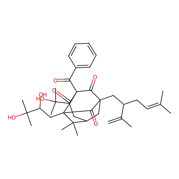 2D Structure of (1R,3R,4R,6R,8S)-3-benzoyl-8-(2,3-dihydroxy-3-methylbutyl)-4-(2-hydroxypropan-2-yl)-7,7-dimethyl-1-[(2S)-5-methyl-2-prop-1-en-2-ylhex-4-enyl]tricyclo[4.3.1.13,8]undecane-2,9,11-trione