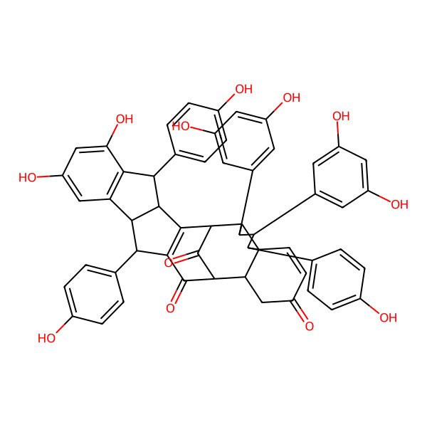 2D Structure of 23,24-Bis(3,5-dihydroxyphenyl)-6,8-dihydroxy-4,12,22-tris(4-hydroxyphenyl)heptacyclo[13.10.1.02,13.03,11.05,10.016,21.021,25]hexacosa-2(13),5(10),6,8,19-pentaene-14,18,26-trione