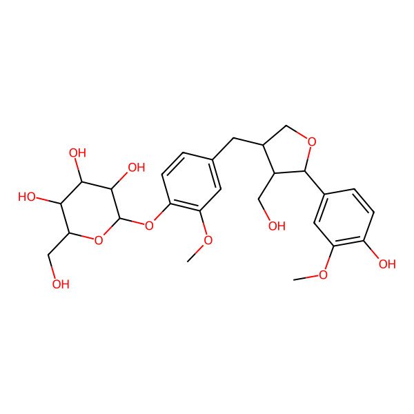 2D Structure of (2R,3S,4R,5R,6S)-2-[4-[[(3S,4S,5R)-5-(4-hydroxy-3-methoxyphenyl)-4-(hydroxymethyl)oxolan-3-yl]methyl]-2-methoxyphenoxy]-6-(hydroxymethyl)oxane-3,4,5-triol