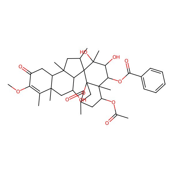 2D Structure of (7-acetyloxy-3,4,4'-trihydroxy-7'-methoxy-2',3,5'a,6,6',9,9'b-heptamethyl-8',10-dioxospiro[11-oxatricyclo[7.2.1.01,6]dodecane-2,3'-2,3a,4,5,9,9a-hexahydro-1H-cyclopenta[a]naphthalene]-5-yl) benzoate
