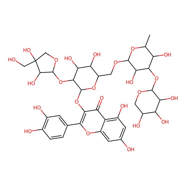 2D Structure of 3-[(2S,3R,4S,5R,6R)-3-[(2S,3R,4R)-3,4-dihydroxy-4-(hydroxymethyl)oxolan-2-yl]oxy-6-[[(2S,3S,4S,5R,6R)-3,5-dihydroxy-6-methyl-4-[(2S,3R,4S,5R)-3,4,5-trihydroxyoxan-2-yl]oxyoxan-2-yl]oxymethyl]-4,5-dihydroxyoxan-2-yl]oxy-2-(3,4-dihydroxyphenyl)-5,7-dihydroxychromen-4-one