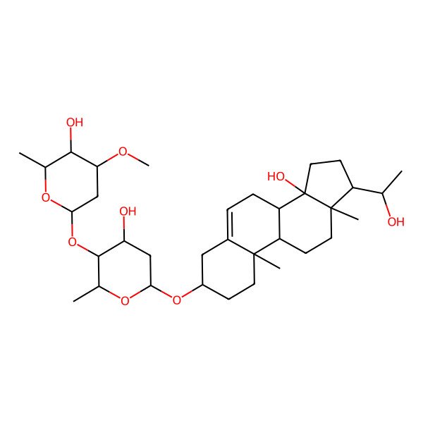 2D Structure of (2R,3S,4S,6R)-6-[[(3S,8R,9S,10R,13R,14S,17S)-14-hydroxy-17-[(1S)-1-hydroxyethyl]-10,13-dimethyl-1,2,3,4,7,8,9,11,12,15,16,17-dodecahydrocyclopenta[a]phenanthren-3-yl]oxy]-3-[(2S,4S,5R,6R)-5-hydroxy-4-methoxy-6-methyloxan-2-yl]oxy-2-methyloxan-4-ol