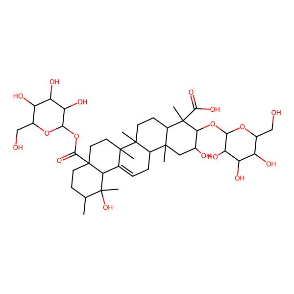2D Structure of (2R,3R,4S,4aR,6aR,6bS,8aS,11R,12R,12aS,14aR,14bR)-2,12-dihydroxy-4,6a,6b,11,12,14b-hexamethyl-3-[(2S,3R,4S,5S,6R)-3,4,5-trihydroxy-6-(hydroxymethyl)oxan-2-yl]oxy-8a-[(2S,3R,4S,5S,6R)-3,4,5-trihydroxy-6-(hydroxymethyl)oxan-2-yl]oxycarbonyl-1,2,3,4a,5,6,7,8,9,10,11,12a,14,14a-tetradecahydropicene-4-carboxylic acid