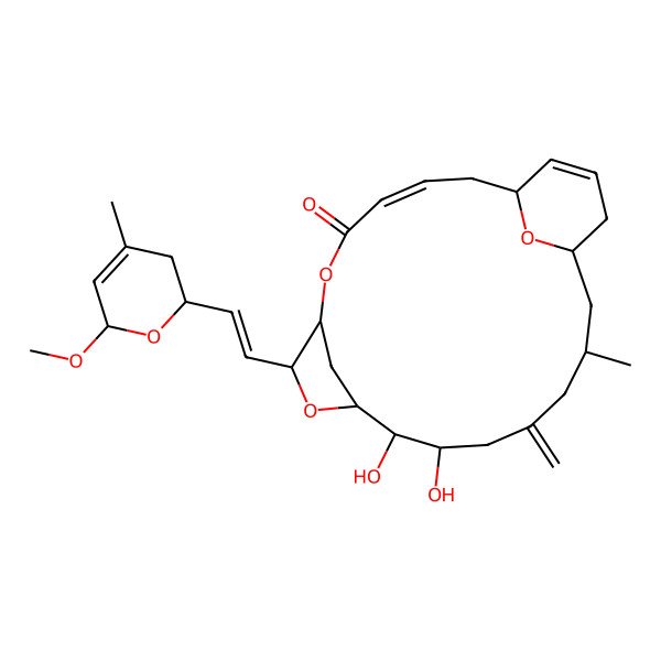 2D Structure of 11,12-dihydroxy-8-[2-(6-methoxy-4-methyl-3,6-dihydro-2H-pyran-2-yl)ethenyl]-16-methyl-14-methylidene-6,9,22-trioxatricyclo[16.3.1.17,10]tricosa-3,20-dien-5-one