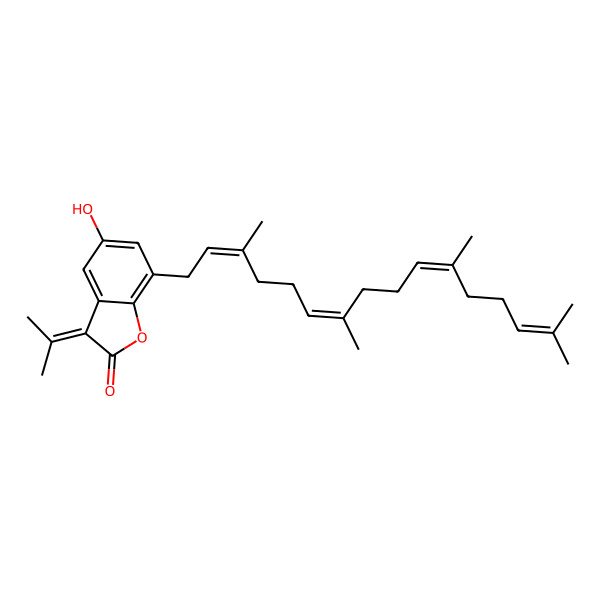 2D Structure of 5-Hydroxy-3-propan-2-ylidene-7-(3,7,11,15-tetramethylhexadeca-2,6,10,14-tetraenyl)-1-benzofuran-2-one