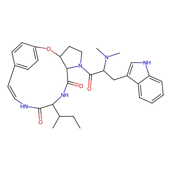2D Structure of (3S,10S,13E)-10-butan-2-yl-6-[2-(dimethylamino)-3-(1H-indol-3-yl)propanoyl]-2-oxa-6,9,12-triazatricyclo[13.2.2.03,7]nonadeca-1(18),13,15(19),16-tetraene-8,11-dione