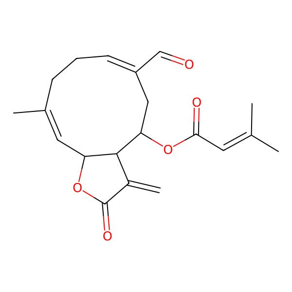 2D Structure of [(3aR,4R,6E,10E,11aR)-6-formyl-10-methyl-3-methylidene-2-oxo-3a,4,5,8,9,11a-hexahydrocyclodeca[b]furan-4-yl] 3-methylbut-2-enoate
