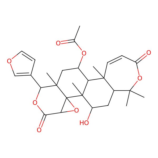 2D Structure of [7-(Furan-3-yl)-20-hydroxy-1,8,12,17,17-pentamethyl-5,15-dioxo-3,6,16-trioxapentacyclo[9.9.0.02,4.02,8.012,18]icos-13-en-10-yl] acetate