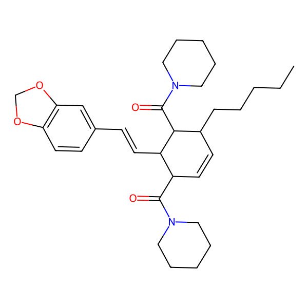 2D Structure of [(1R,4S,5R,6R)-6-[(E)-2-(1,3-benzodioxol-5-yl)ethenyl]-4-pentyl-5-(piperidine-1-carbonyl)cyclohex-2-en-1-yl]-piperidin-1-ylmethanone