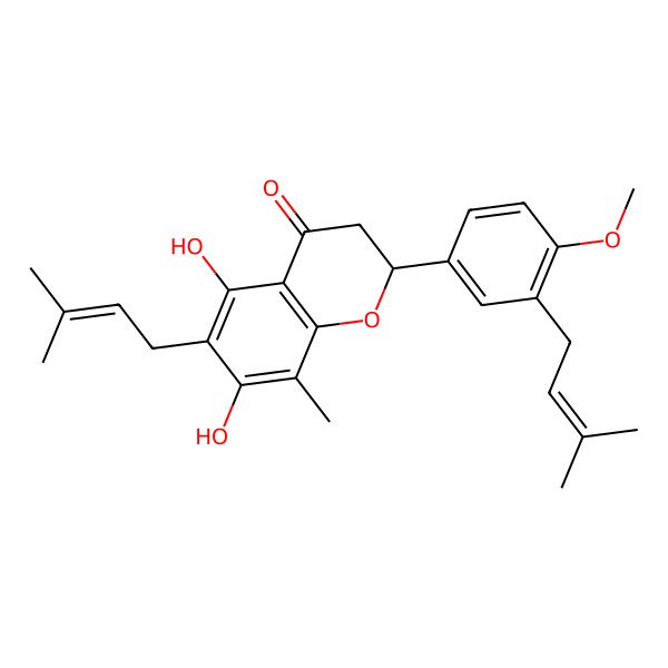 2D Structure of (2S)-5,7-dihydroxy-2-[4-methoxy-3-(3-methylbut-2-enyl)phenyl]-8-methyl-6-(3-methylbut-2-enyl)-2,3-dihydrochromen-4-one