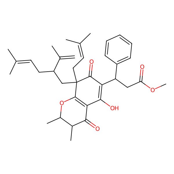 2D Structure of Methyl 3-[5-hydroxy-2,3-dimethyl-8-(3-methylbut-2-enyl)-8-(5-methyl-2-prop-1-en-2-ylhex-4-enyl)-4,7-dioxo-2,3-dihydrochromen-6-yl]-3-phenylpropanoate