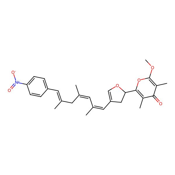 2D Structure of 2-Methoxy-3,5-dimethyl-6-[4-[2,4,6-trimethyl-7-(4-nitrophenyl)hepta-1,3,6-trienyl]-2,3-dihydrofuran-2-yl]pyran-4-one
