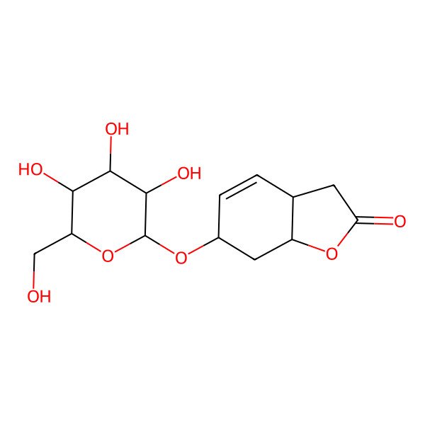 2D Structure of (3aS,6R,7aR)-6-[(2R,3R,4S,5S,6R)-3,4,5-trihydroxy-6-(hydroxymethyl)oxan-2-yl]oxy-3a,6,7,7a-tetrahydro-3H-1-benzofuran-2-one