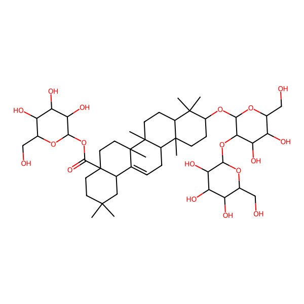 2D Structure of [3,4,5-Trihydroxy-6-(hydroxymethyl)oxan-2-yl] 10-[4,5-dihydroxy-6-(hydroxymethyl)-3-[3,4,5-trihydroxy-6-(hydroxymethyl)oxan-2-yl]oxyoxan-2-yl]oxy-2,2,6a,6b,9,9,12a-heptamethyl-1,3,4,5,6,6a,7,8,8a,10,11,12,13,14b-tetradecahydropicene-4a-carboxylate