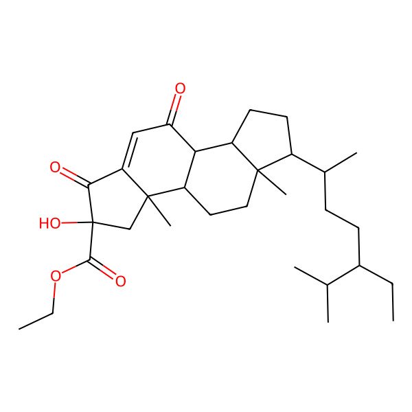 2D Structure of ethyl (2S,3aR,3bS,5aR,6R,8aS,8bS)-6-[(2R,5S)-5-ethyl-6-methylheptan-2-yl]-2-hydroxy-3a,5a-dimethyl-1,9-dioxo-3b,4,5,6,7,8,8a,8b-octahydro-3H-indeno[5,4-e]indene-2-carboxylate