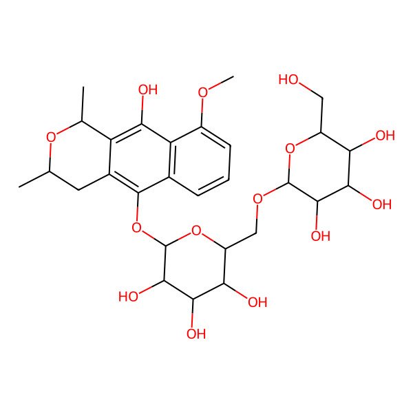 2D Structure of (2R,3S,4S,5R,6R)-2-(hydroxymethyl)-6-[[(2R,3S,4S,5R,6S)-3,4,5-trihydroxy-6-[[(1R,3R)-10-hydroxy-9-methoxy-1,3-dimethyl-3,4-dihydro-1H-benzo[g]isochromen-5-yl]oxy]oxan-2-yl]methoxy]oxane-3,4,5-triol