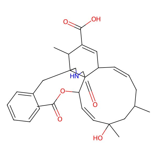 2D Structure of 2-Acetyloxy-16-benzyl-5-hydroxy-5,7,14-trimethyl-18-oxo-17-azatricyclo[9.7.0.01,15]octadeca-3,9,12-triene-13-carboxylic acid