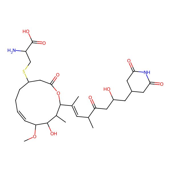 2D Structure of (2R)-2-amino-3-[[(4R,7E,9R,10R,11R,12R)-12-[(Z,4R,7S)-8-(2,6-dioxopiperidin-4-yl)-7-hydroxy-4-methyl-5-oxooct-2-en-2-yl]-10-hydroxy-9-methoxy-11-methyl-2-oxo-1-oxacyclododec-7-en-4-yl]sulfanyl]propanoic acid