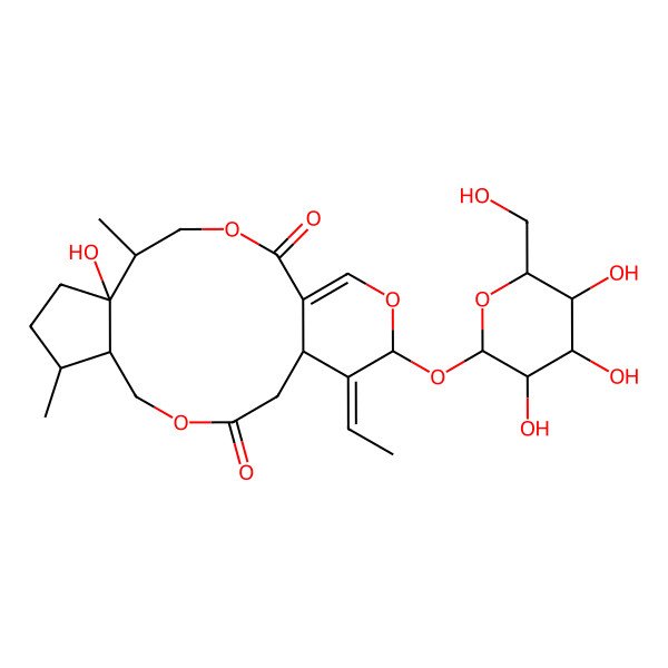 2D Structure of (5S,6R,9S,10S,15S,16E,17S)-16-ethylidene-6-hydroxy-5,9-dimethyl-17-[(2R,3R,4S,5S,6R)-3,4,5-trihydroxy-6-(hydroxymethyl)oxan-2-yl]oxy-3,12,18-trioxatricyclo[13.4.0.06,10]nonadec-1(19)-ene-2,13-dione