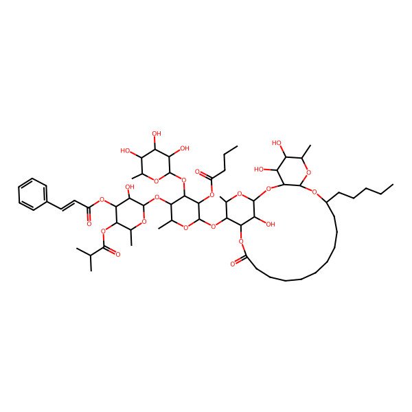2D Structure of [5-[3-Hydroxy-6-methyl-5-(2-methylpropanoyloxy)-4-(3-phenylprop-2-enoyloxy)oxan-2-yl]oxy-6-methyl-2-[(4,5,26-trihydroxy-6,24-dimethyl-20-oxo-10-pentyl-2,7,9,21,25-pentaoxatricyclo[20.3.1.03,8]hexacosan-23-yl)oxy]-4-(3,4,5-trihydroxy-6-methyloxan-2-yl)oxyoxan-3-yl] butanoate