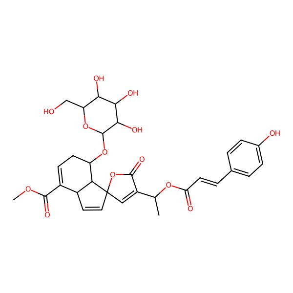 2D Structure of Methyl 4'-[1-[3-(4-hydroxyphenyl)prop-2-enoyloxy]ethyl]-5'-oxo-7-[3,4,5-trihydroxy-6-(hydroxymethyl)oxan-2-yl]oxyspiro[3a,6,7,7a-tetrahydroindene-1,2'-furan]-4-carboxylate