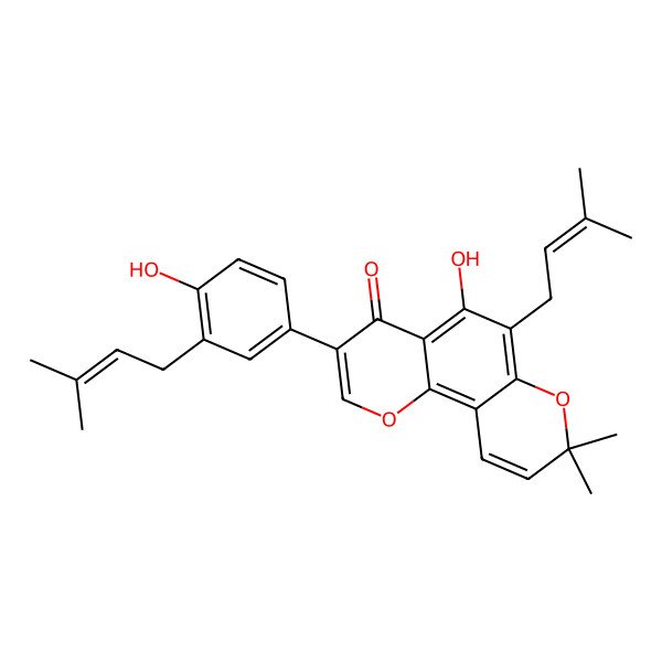 2D Structure of 5-Hydroxy-3-[4-hydroxy-3-(3-methylbut-2-enyl)phenyl]-8,8-dimethyl-6-(3-methylbut-2-enyl)pyrano[2,3-h]chromen-4-one