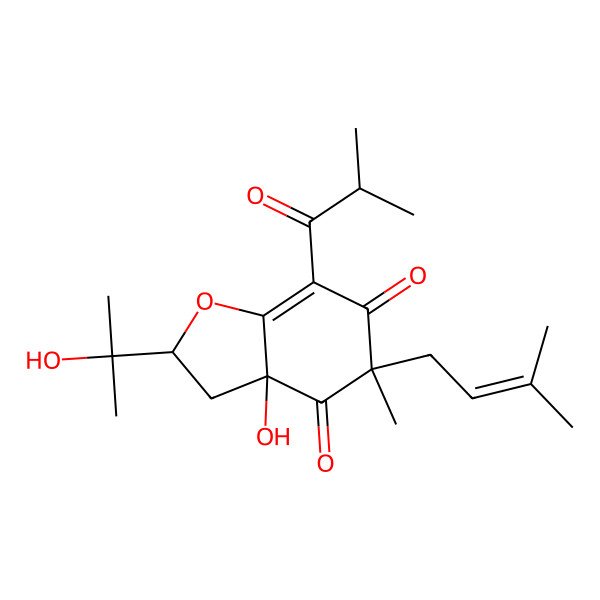 2D Structure of (2S,3aR,5S)-3a-hydroxy-2-(2-hydroxypropan-2-yl)-5-methyl-5-(3-methylbut-2-enyl)-7-(2-methylpropanoyl)-2,3-dihydro-1-benzofuran-4,6-dione 2D Structure of (2S,3aR,5S)-3a-hydroxy-2-(2-hydroxypropan-2-yl)-5-methyl-5-(3-methylbut-2-enyl)-7-(2-methylpropanoyl)-2,3-dihydro-1-benzofuran-4,6-dione